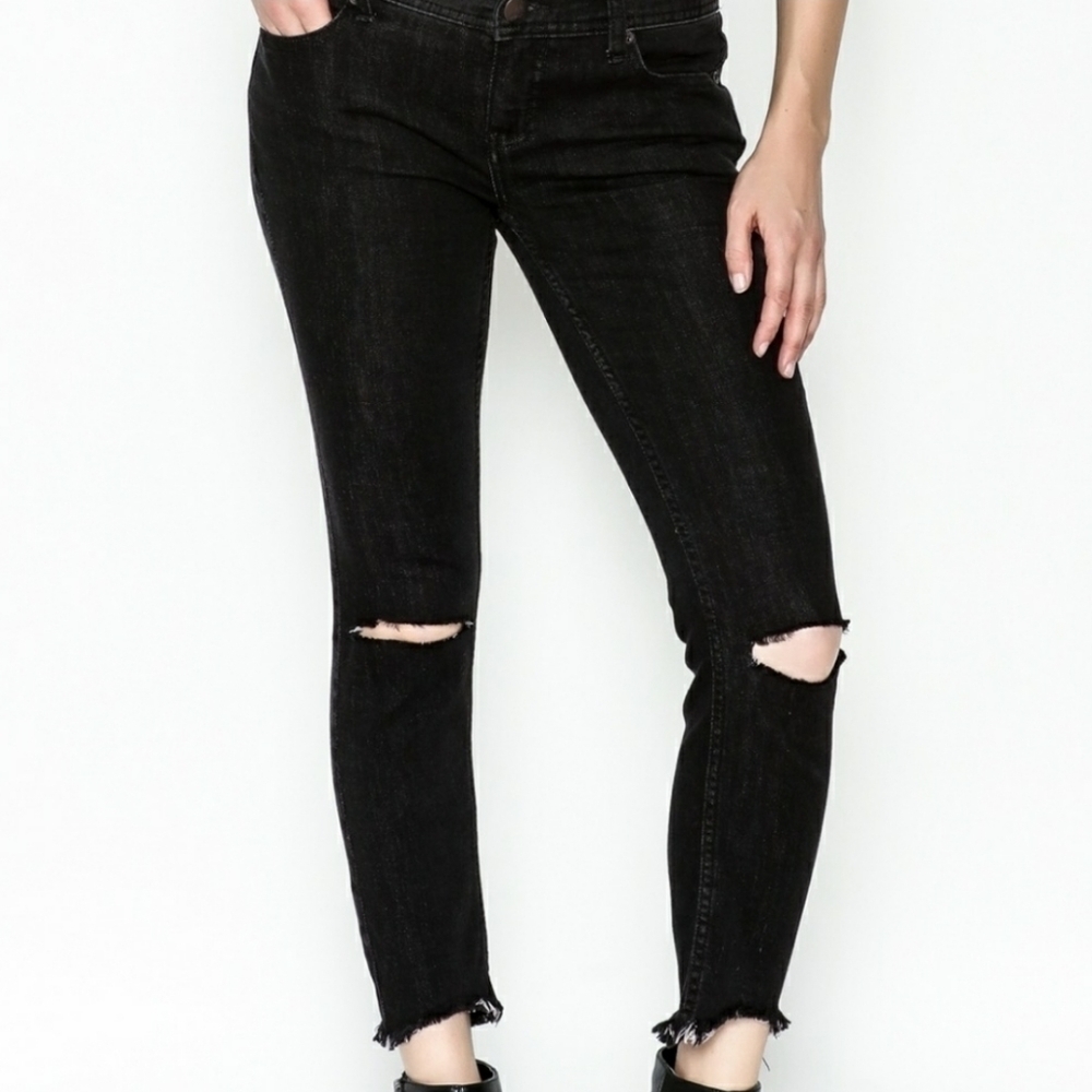 Free People Black Raw Hem Knee Cut Skinny Jeans